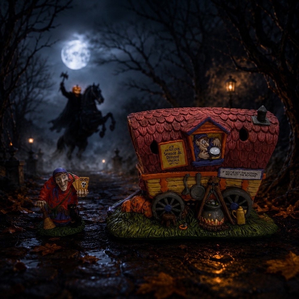 VTG Creepy Hollow Creepy Caravan & Gypsy Figure Halloween Village 1996 Boxed